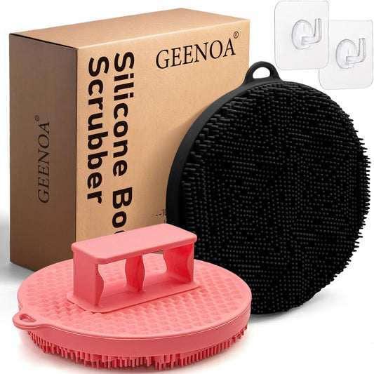 GEENOA Silicone Body Scrubber 2 PCS, Exfoliating Body Scrubber with Intensive Bristles and Comfort Handle, Super-Lathering & Deep-Cleansing Silicone Loofah for Use in Shower(Black+Pink)