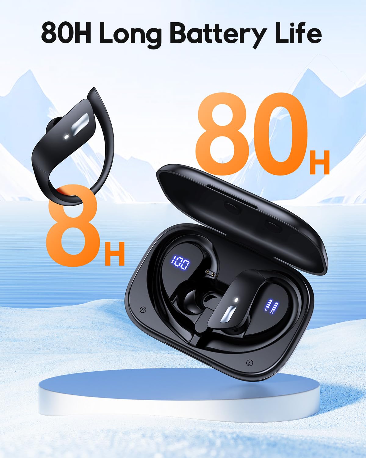 Wireless Earbuds 80Hrs Bluetooth 5.3 Headphones, Bluetooth Earbuds Stereo Bass Sound Ear Buds, IPX7 Waterproof Sports Over Ear Earphones with Earhook, LED Power Display, for Running Workout Black