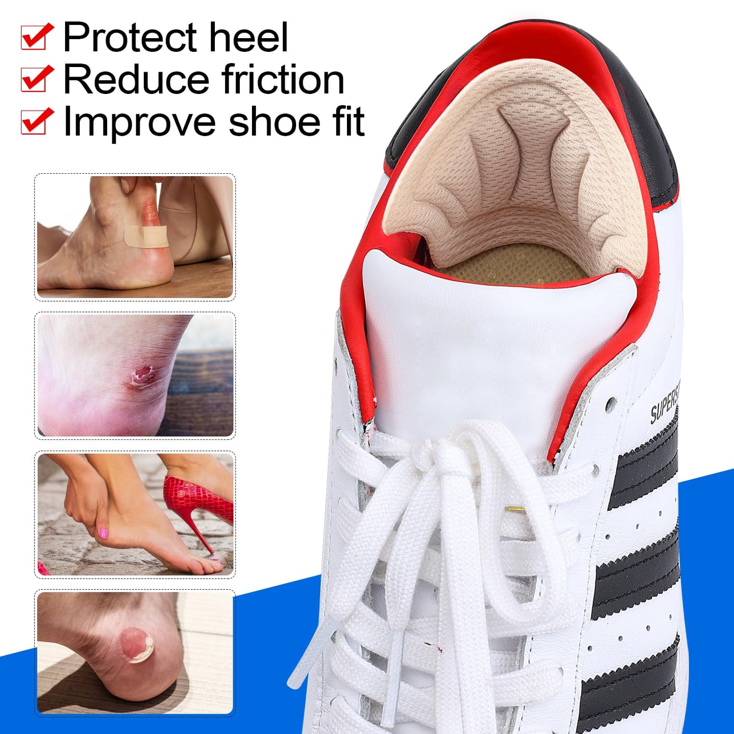 Back of Heel Cushion Pads, Adhesive Heel Grips Inserts for Women Men, Reusable Heel Guards Liners for Loose Shoes, Too Big Boots, Improve Shoe Fit