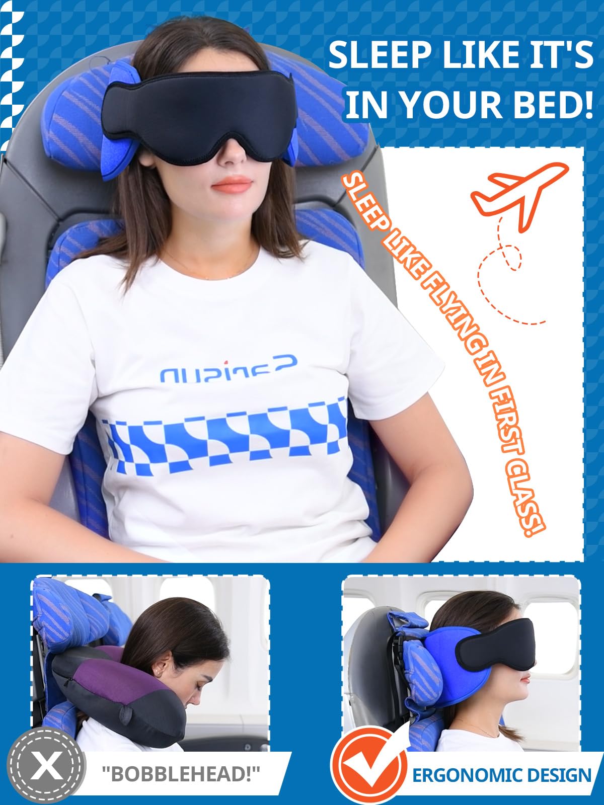 Oreillers de voyage SARISUN pour avions, oreiller d'avion pour long vol, sangle de tête d'avion avec masque pour les yeux pour dormir, oreiller de voyage pour voyage en voiture, appui-tête de soutien à 360 °, Stop Bobblehead, noir