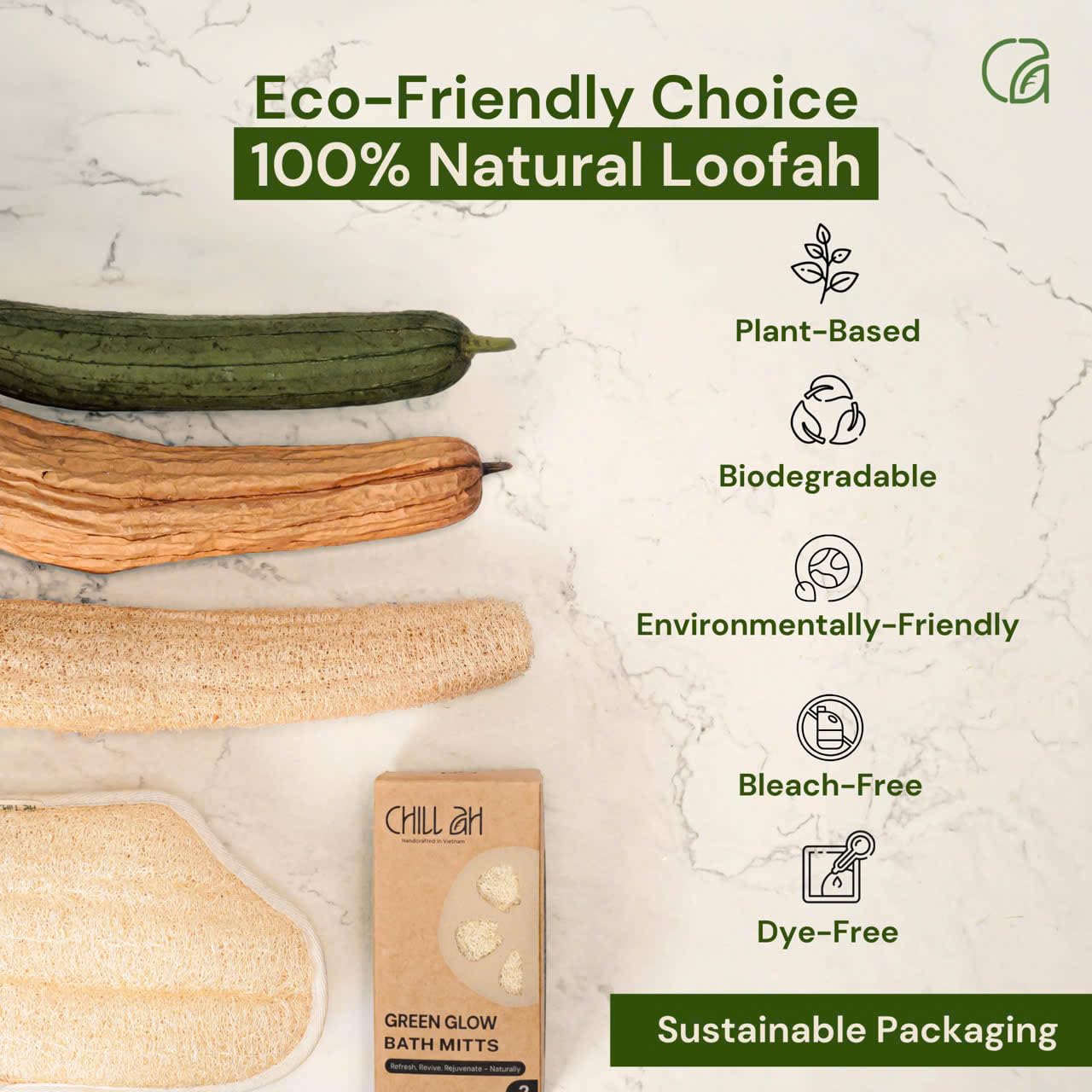 Chill Ah Green Glow All Natural Exfoliator Dual Sided Loofah Bath Mitts – 100% Plant-Based, Dye-Free, Biodegradable, Scratch-Free, Handcrafted in Vietnam (2-Pack)