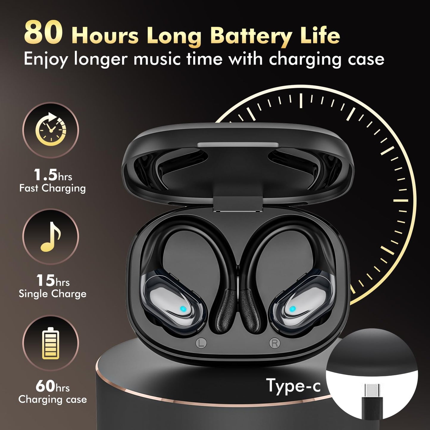 Wireless Earbuds Bluetooth Headphones 80hrs Playback Ear Buds Power Display with Noise Canceling Mic Headsets for Sports/Workout/Running Black