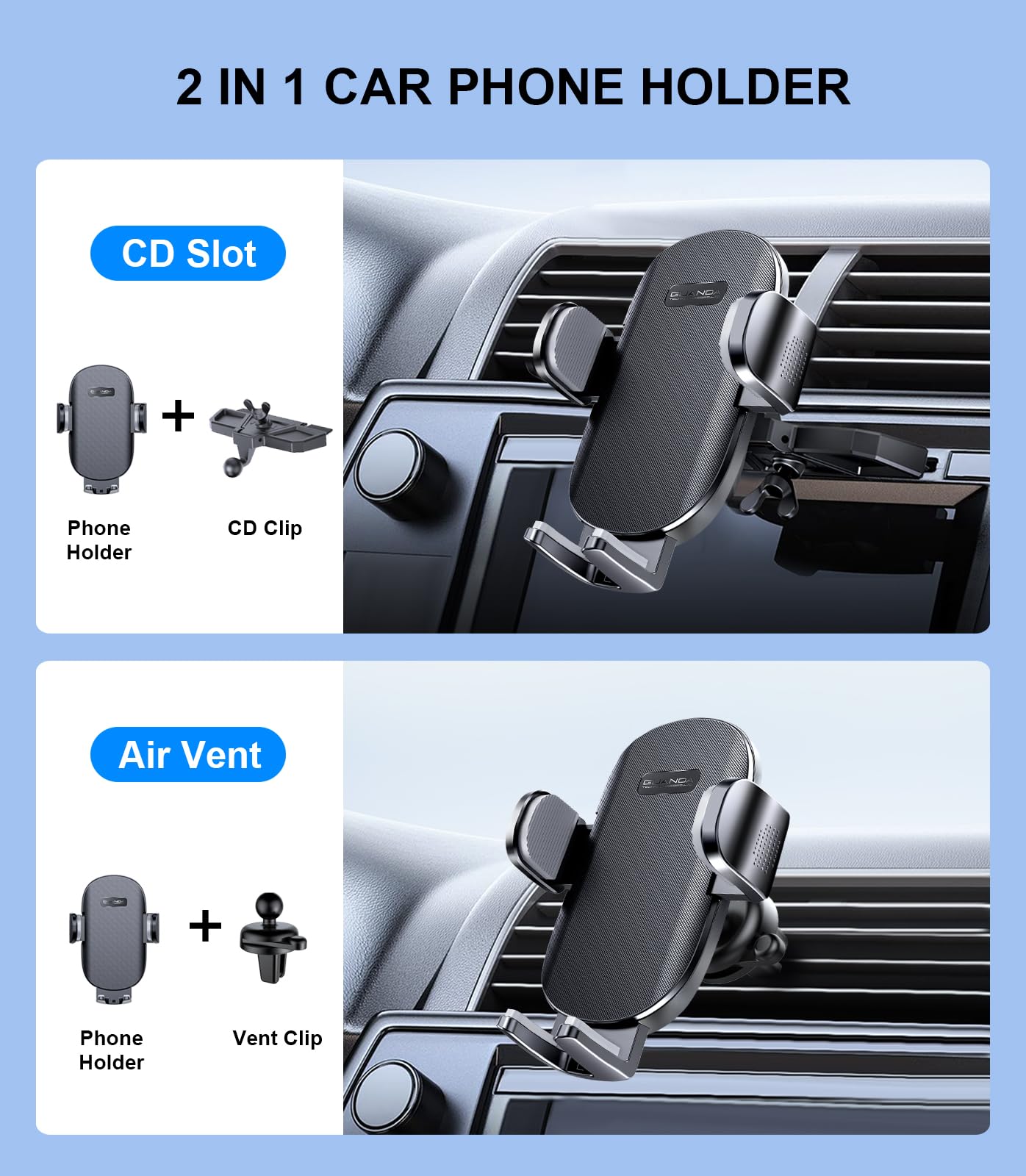 Car Phone Holder, Universal CD Phone Mount & Air Vent Clip, Hands Free Automobile Cell Phone Stand, Adjustable Phone Mount for Car Compatible with iPhone & Android Cell Phones (Black-Upgraded)