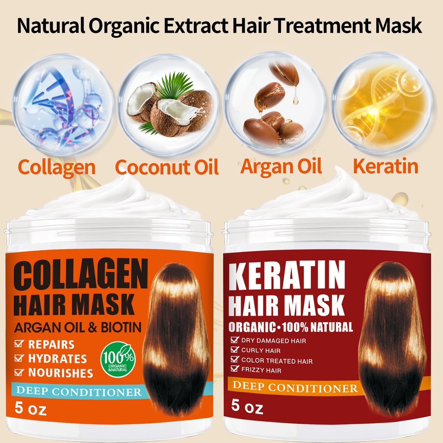 2 Pack Collagen Hair Mask & Keratin Hair Mask,Keratin Hair Treatment,Hydrating Argan Oil Hair Repair Treatment Deep Conditioner Hair Mask for Dry Hair,Collagen with Biotin Hair Treatment Mask