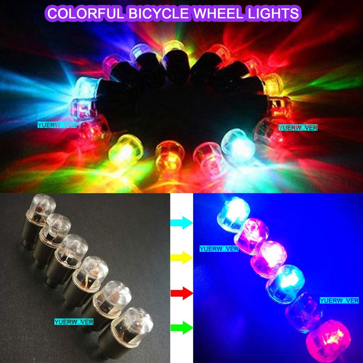 YUERWOVER 8 Pack LED Bike Wheel Lights Car Tire Valve Stems Caps Bicycle Motorcycle Waterproof Tyre Spoke Flash Lights Cool Reflector Accessories for Kids Men Women with 10 Extra Batteries(Multicolr)