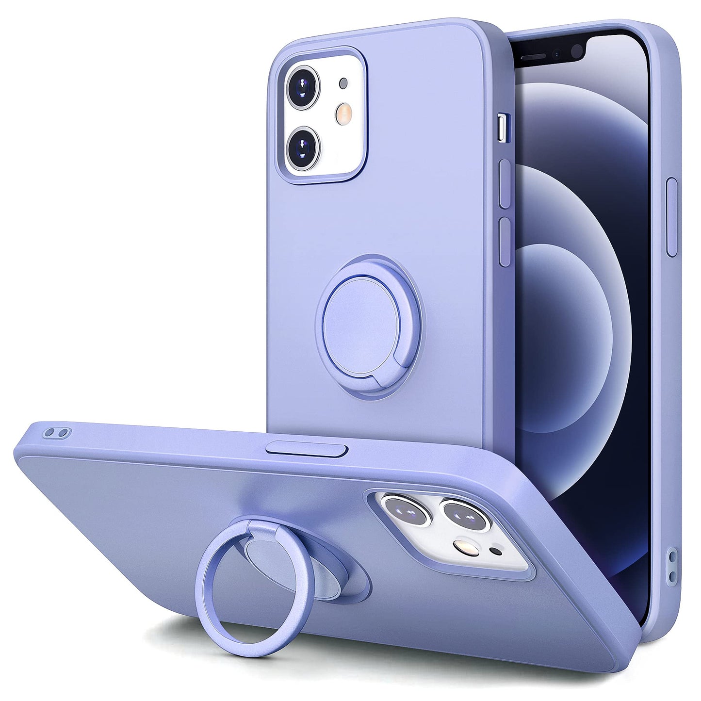 Funda para iPhone 12 y iPhone 12 Pro con soporte de anillo, soporte de anillo giratorio de 360°, soporte magnético, funda protectora de goma a prueba de golpes para teléfono con forro interior de microfibra, violeta claro