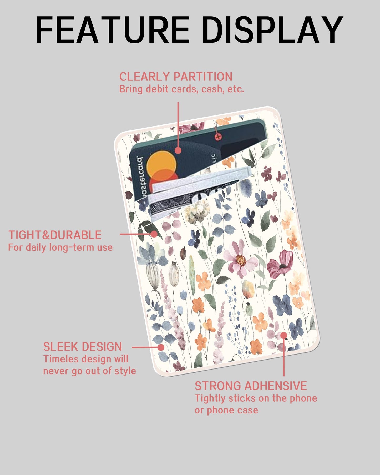 AOHRO Phone Card Holder, Dual Pocket Leather Phone Wallet Adhesive Stick On, Cute Card Holder, Credit Card Holder for Phone Case Compatible with Most Phone Colorful Boho Leaf