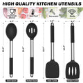 TeamFar Kitchen Utensils, 4 PCS Silicone Cooking Utensils Spatula Spoon Set with Stainless Steel Handle, for Frying Mixing Draining Turning, Healthy & Heat-proof, Non-stick & Dishwasher Safe - Black