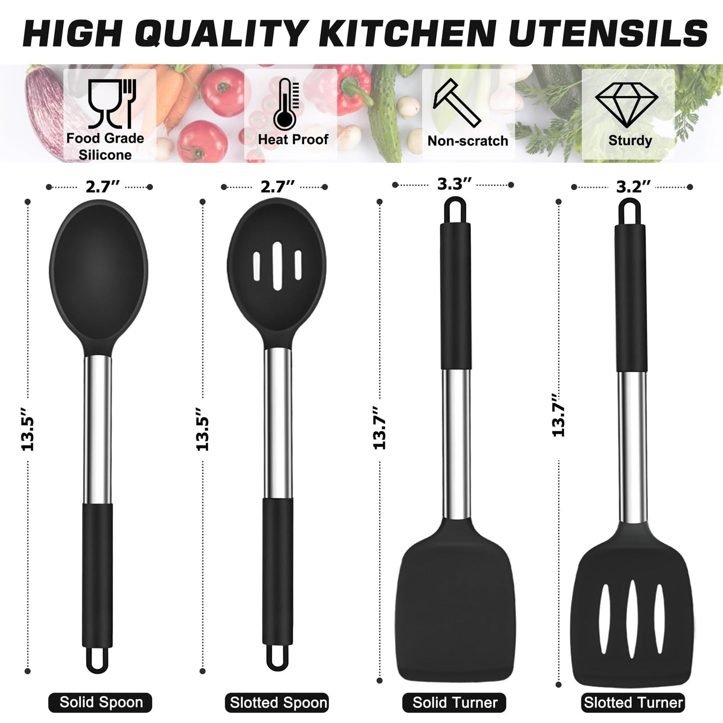 TeamFar Kitchen Utensils, 4 PCS Silicone Cooking Utensils Spatula Spoon Set with Stainless Steel Handle, for Frying Mixing Draining Turning, Healthy & Heat-proof, Non-stick & Dishwasher Safe - Black