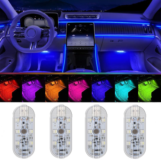 Lot de 4 lampes LED d'intérieur de voiture sans fil, 7 couleurs, éclairage d'intérieur de voiture avec mode de contrôle du son, 6 perles de lampe LED lumineuses, veilleuse LED d'intérieur de voiture rechargeable par USB portable pour décoration de voiture