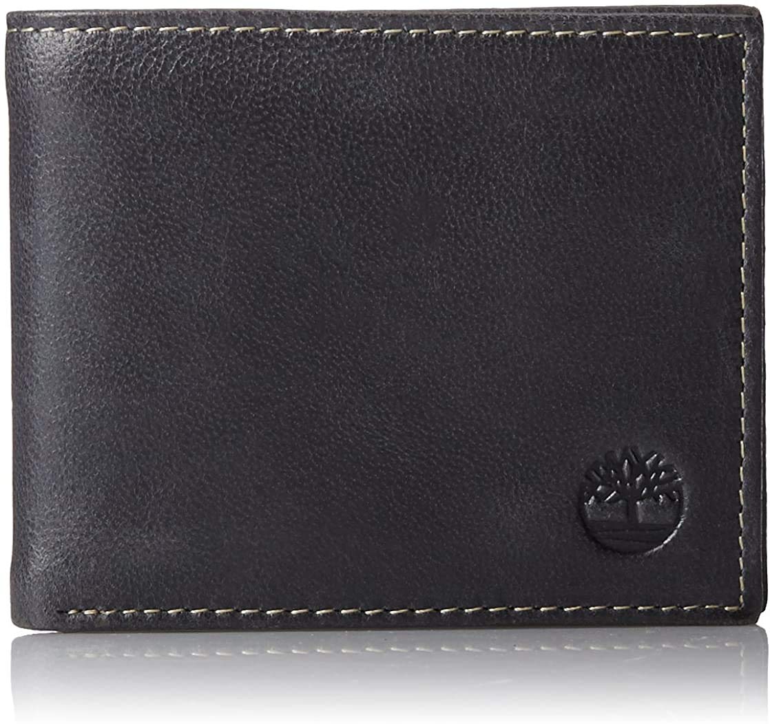 Timberland Men's Leather Wallet with Attached Flip Pocket, Black (Cloudy), One Size