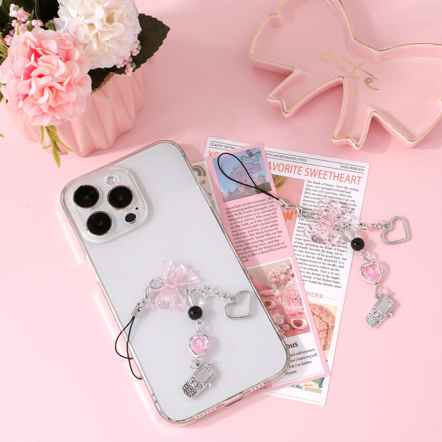 Yuanchu 2 Pcs Cute Phone Charms, Aesthetic Bowkont Mobile Phone Charms Strap Heart Cellphone Charm Lanyard for Women Keychain Backpack Wallet Camera Pendants Decor