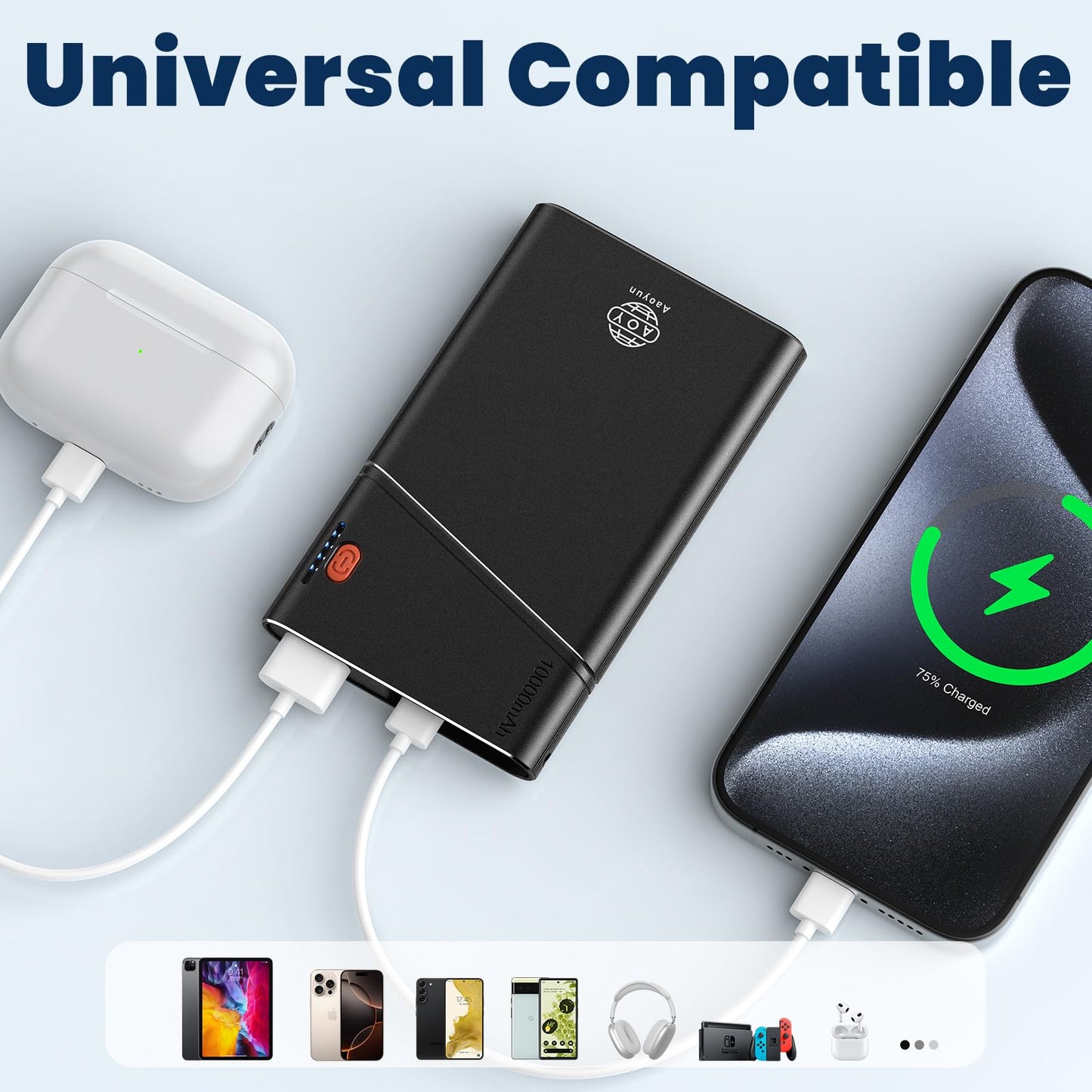 Aaoyun Portable Charger, 22.5W PD Fast Charging 10000mAh Power Bank with Detachable USB C Cable for Travel, Slim Hands-Free External Battery Pack for iPhone 16/15/14 iPad Samsung S24 etc, Black