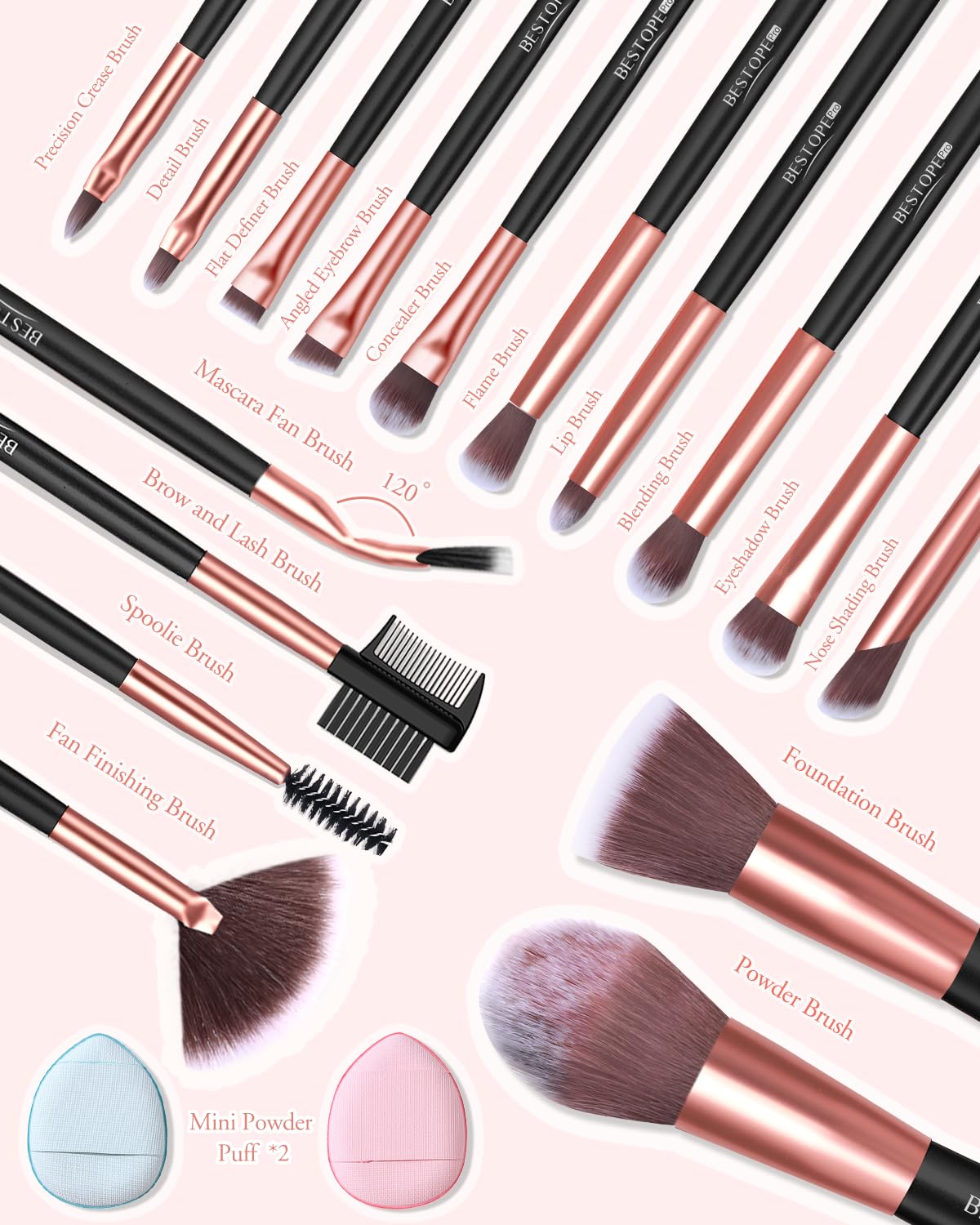 Makeup Brushes with Case, 20PCs Travel Makeup Brush Set, Foundation Concealer Blush Eyeshadow Brush Set Contour Powder Eyebrow Eyelash Brush Kit with Led Light Mirror Holder & 2 Powder Puff-Rose Gold