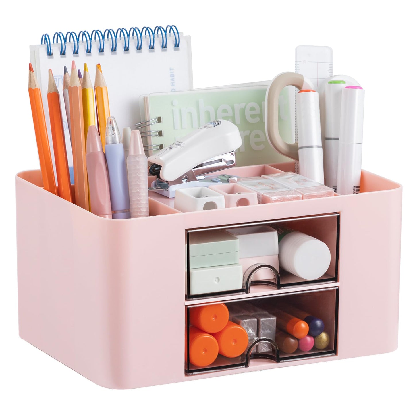 Organiseur de bureau Moikiwi avec 2 tiroirs, organisateur de fournitures de bureau pour bureau, accessoires de bureau mignons avec plastique, porte-stylo pour comptoir de bureau, rose