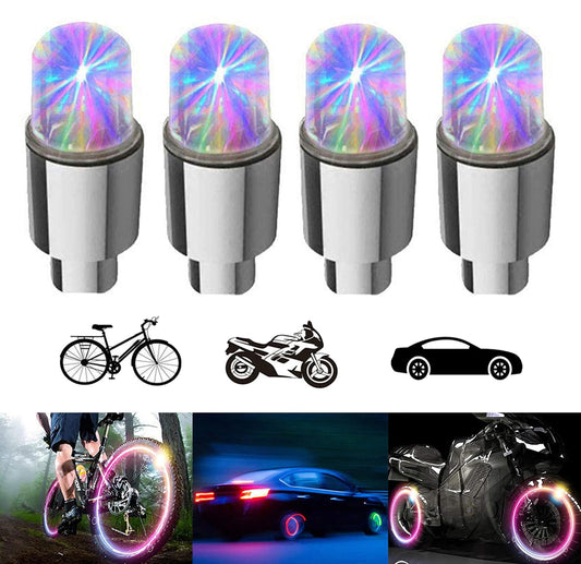 YUERWOVER - Paquete de 4 luces LED para rueda de bicicleta, tapas para válvulas de neumáticos de coche, luces de flash para radios de neumáticos de bicicleta y motocicleta, accesorios reflectores geniales para hombres, mujeres y niños (coloridos)