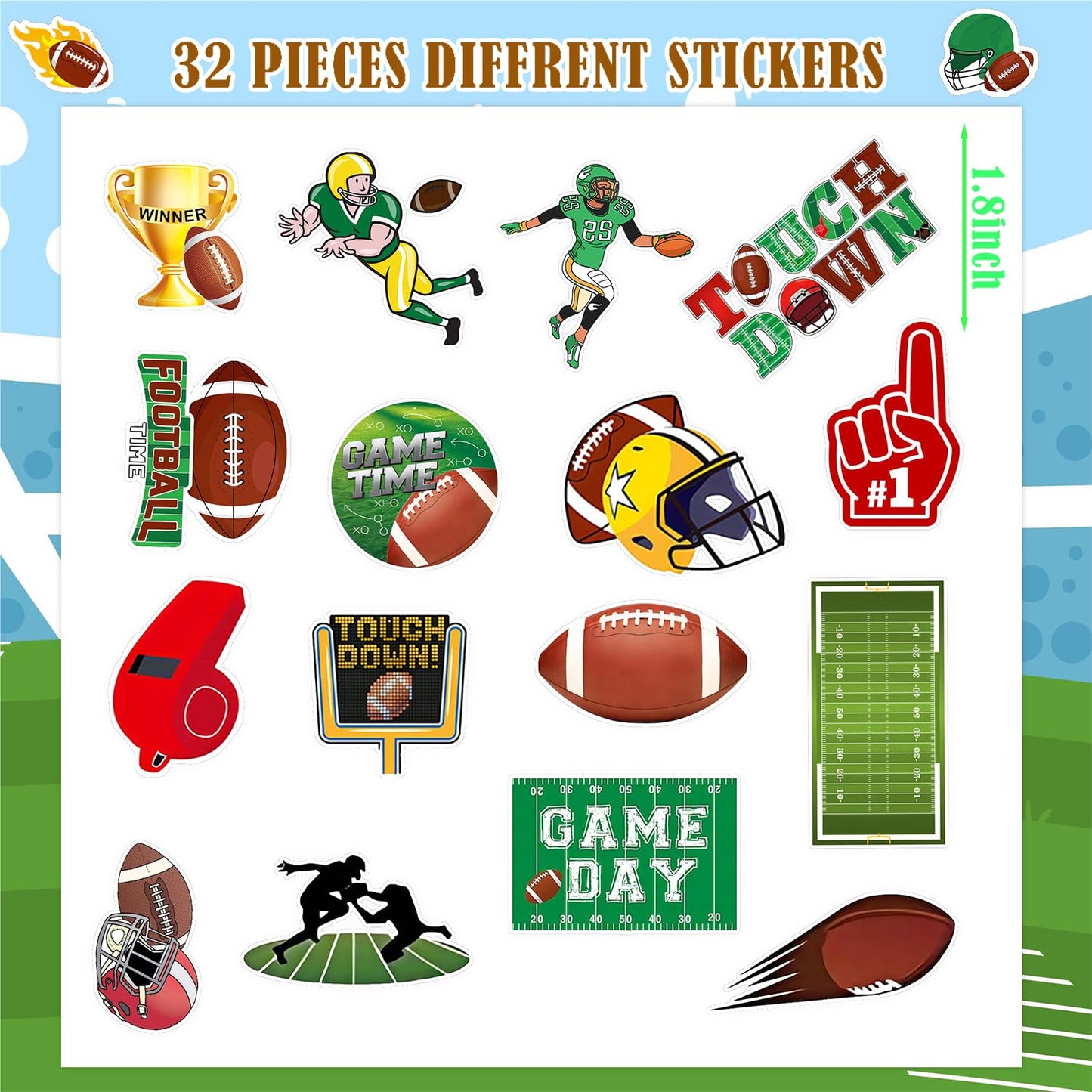 192Pcs Football Stickers, Football Sticker Football PVC Waterproof Stickers with 32 Patterns Football Motivation Self-Adhesive Decal Football Stickers for Water Bottles Sport Football Lover