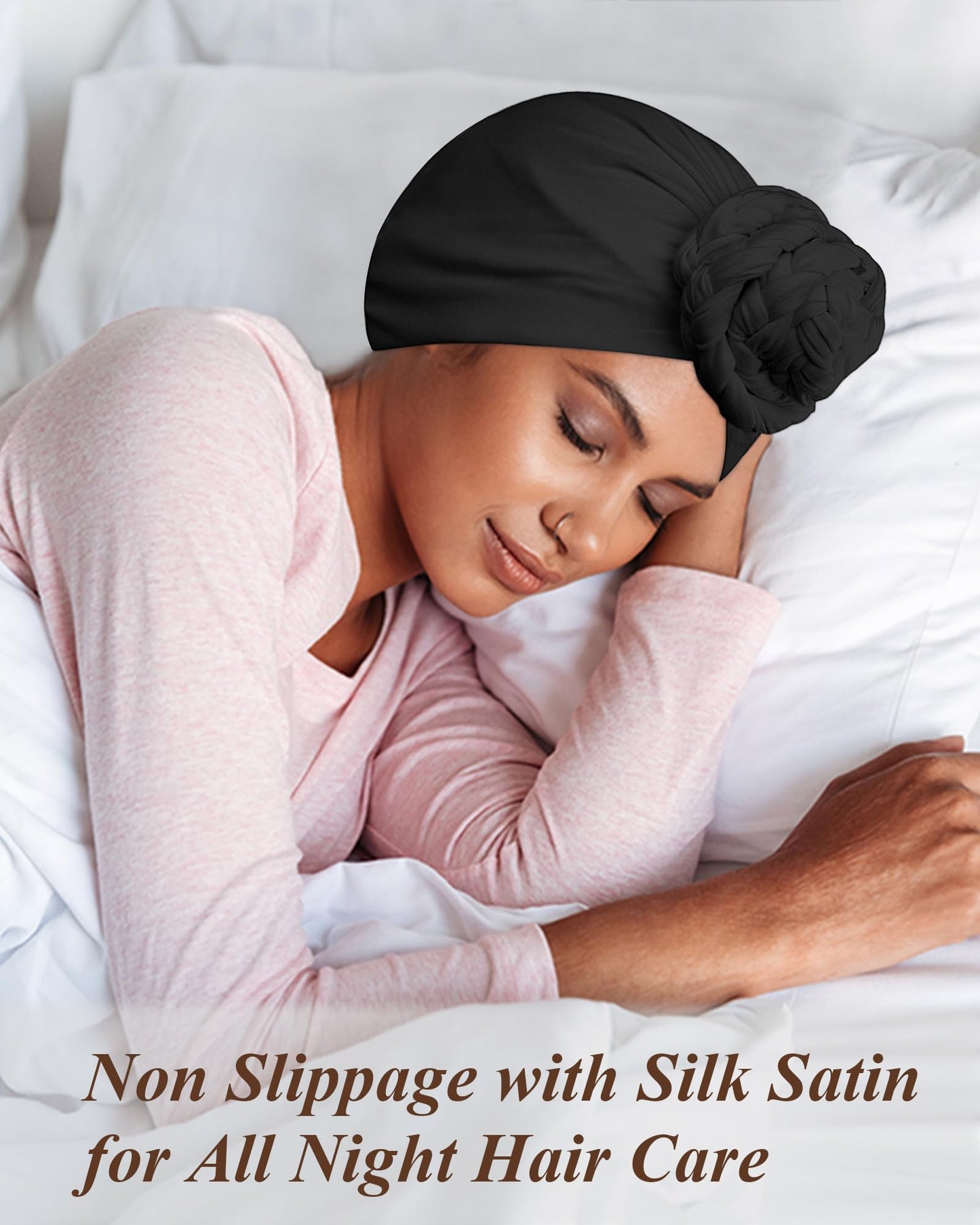 Ababalaya Silky Satin Lined Turban for Women Mens Halo Turban PRE-Tied Beanie Hats Silky Lined Durag for Waves Sleeping Bonnet Sleep Cap, Black