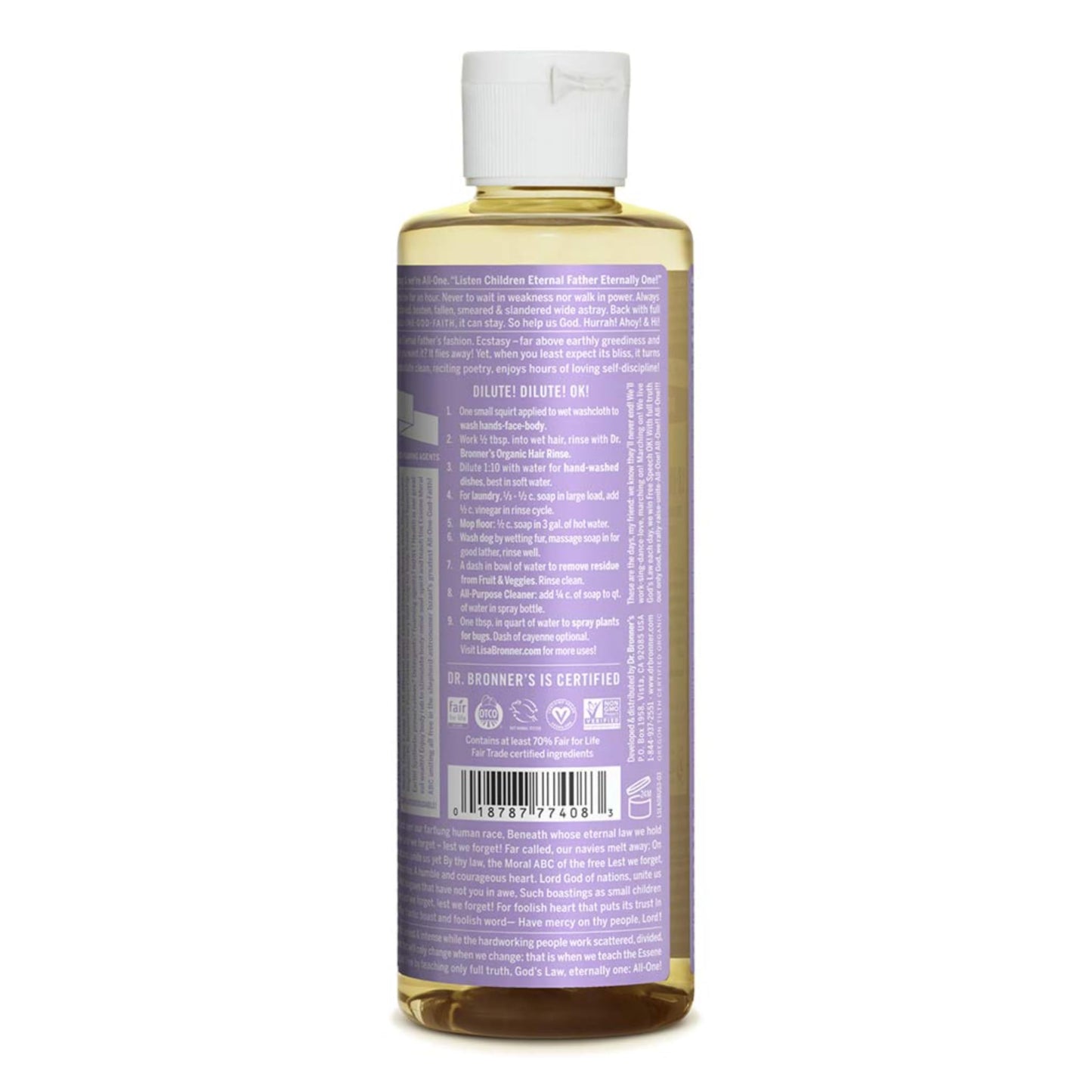 Dr. Bronner's - Pure-Castile Liquid Soap (Lavender, 8 ounce) - Made with Organic Oils, 18-in-1 Uses: Face, Body, Hair, Laundry, Pets and Dishes, Concentrated, Vegan, Non-GMO