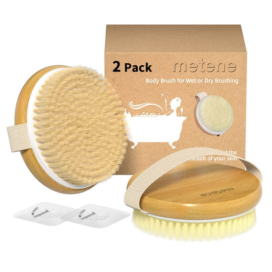 Metene 2 Pack Bamboo Dry Body Brushes, Shower Brush Wet and Dry Brushing, Dry Brush for Cellulite and Lymphatic, Body Scrubber with Soft and Stiff Bristles, Suitable for All Kinds of Skin