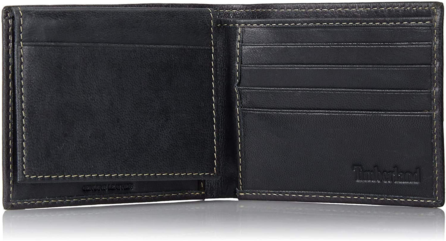 Timberland Men's Leather Wallet with Attached Flip Pocket, Black (Cloudy), One Size