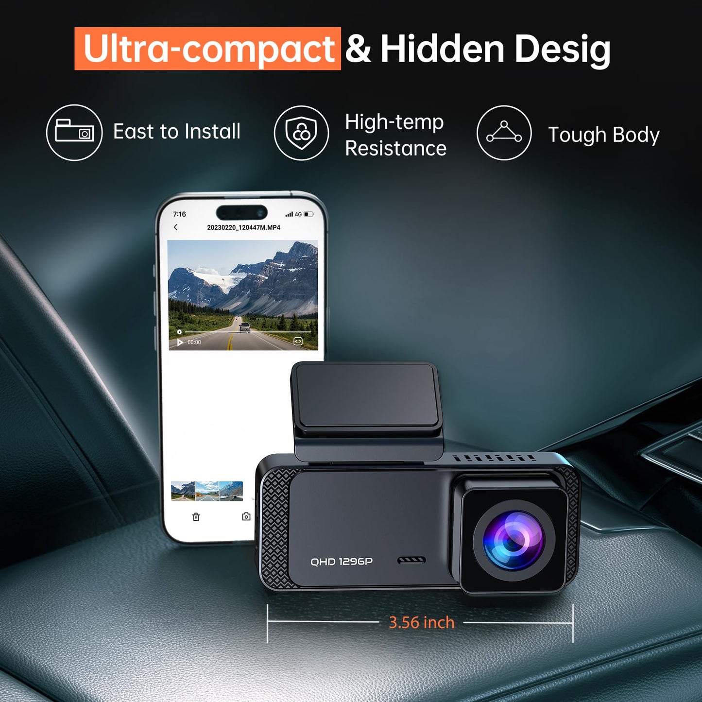 Dash Cam 1296P Front Dashcam, V300 WiFi Dash Camera for Cars with App, Night Vision, Mini Hidden Single Car Camera, Loop Recording, 24H Parking Mode, Support 256GB Max, Black