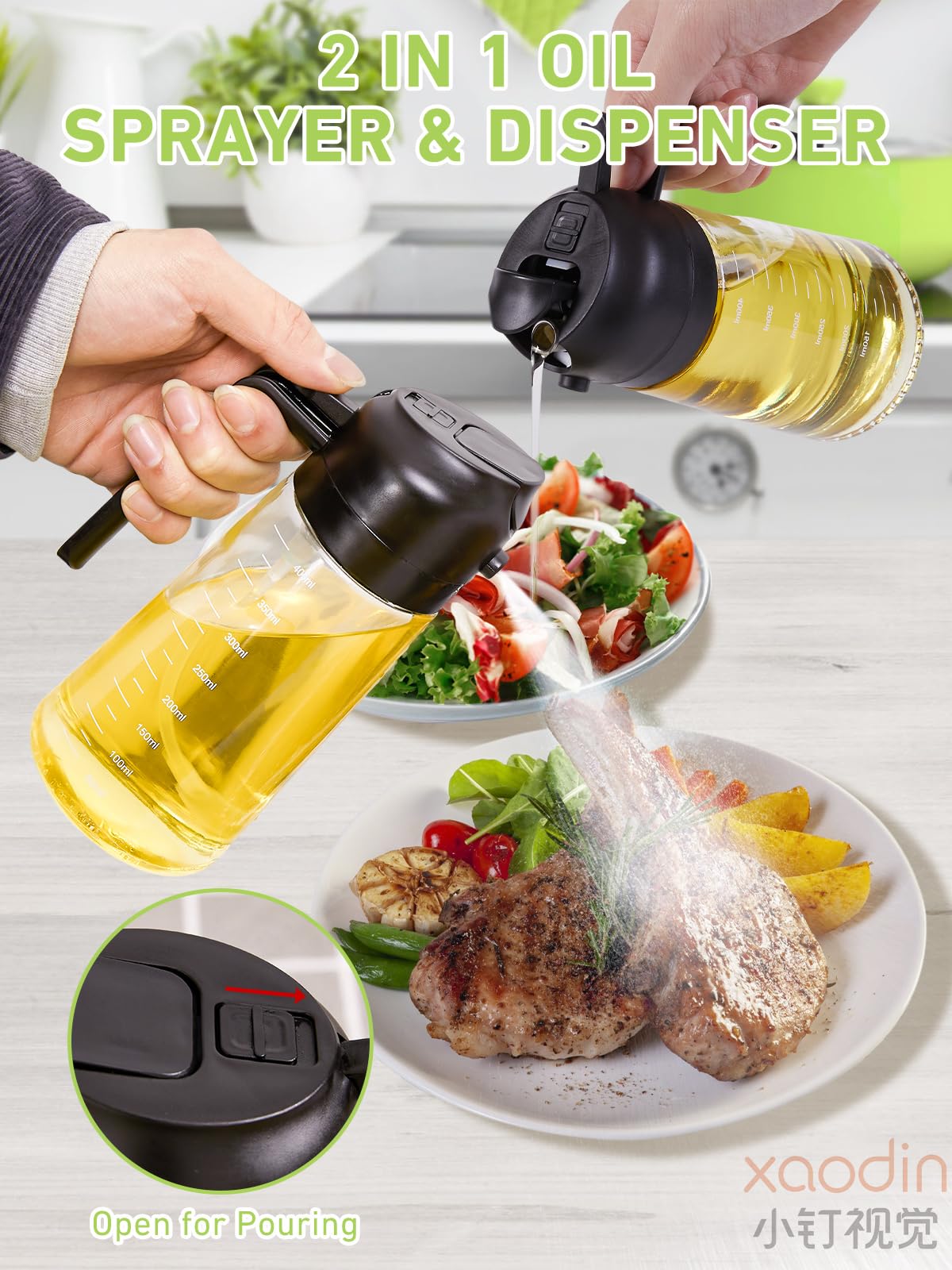 TrObayee 14oz Olive Oil Dispenser for Kitchen -2 in 1 Glass Oil Sprayer and Oil Dispenser,420ml Oil Bottles for Cooking,Air Fryer, Baking,Salad, Frying, BBQ (Black)