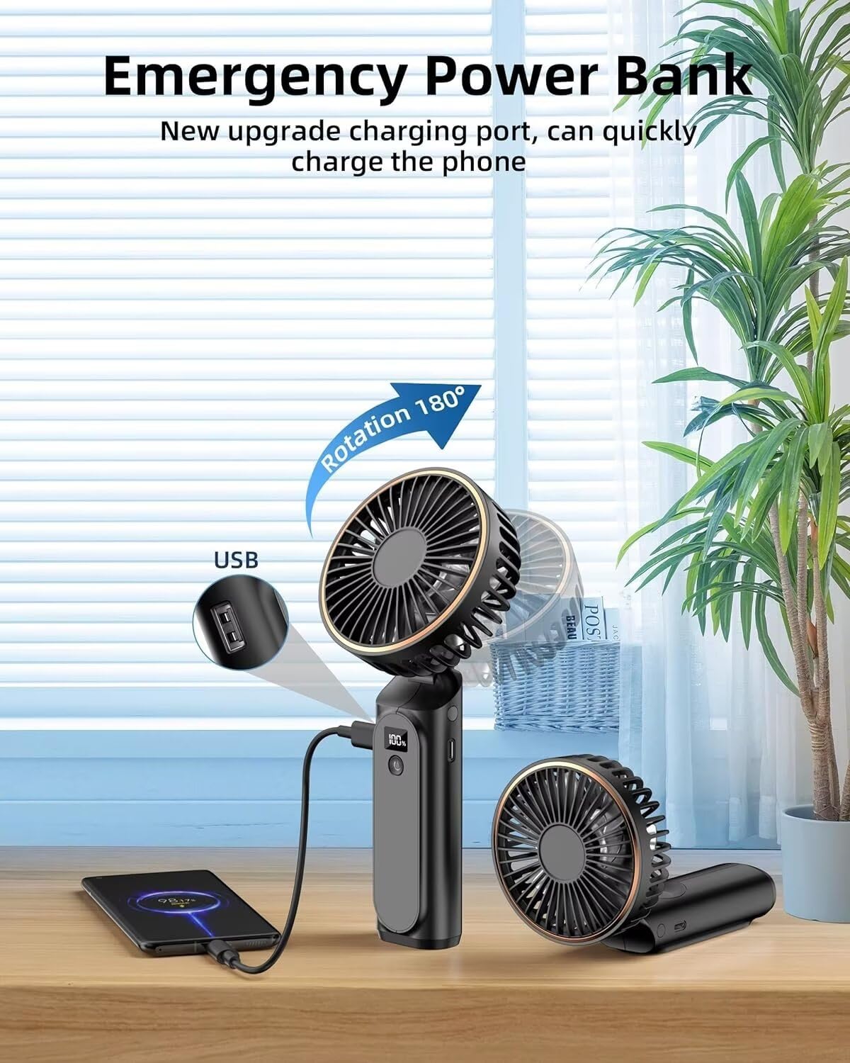 TUNISE Portable Handheld Fan, Portable Fan Rechargeable, 4000mAh, 180° Adjustable, 6 Speed Wind, Display Electricity in Real Time, USB Rechargeable Foldable Fan, Quiet Personal Fan as Power Bank