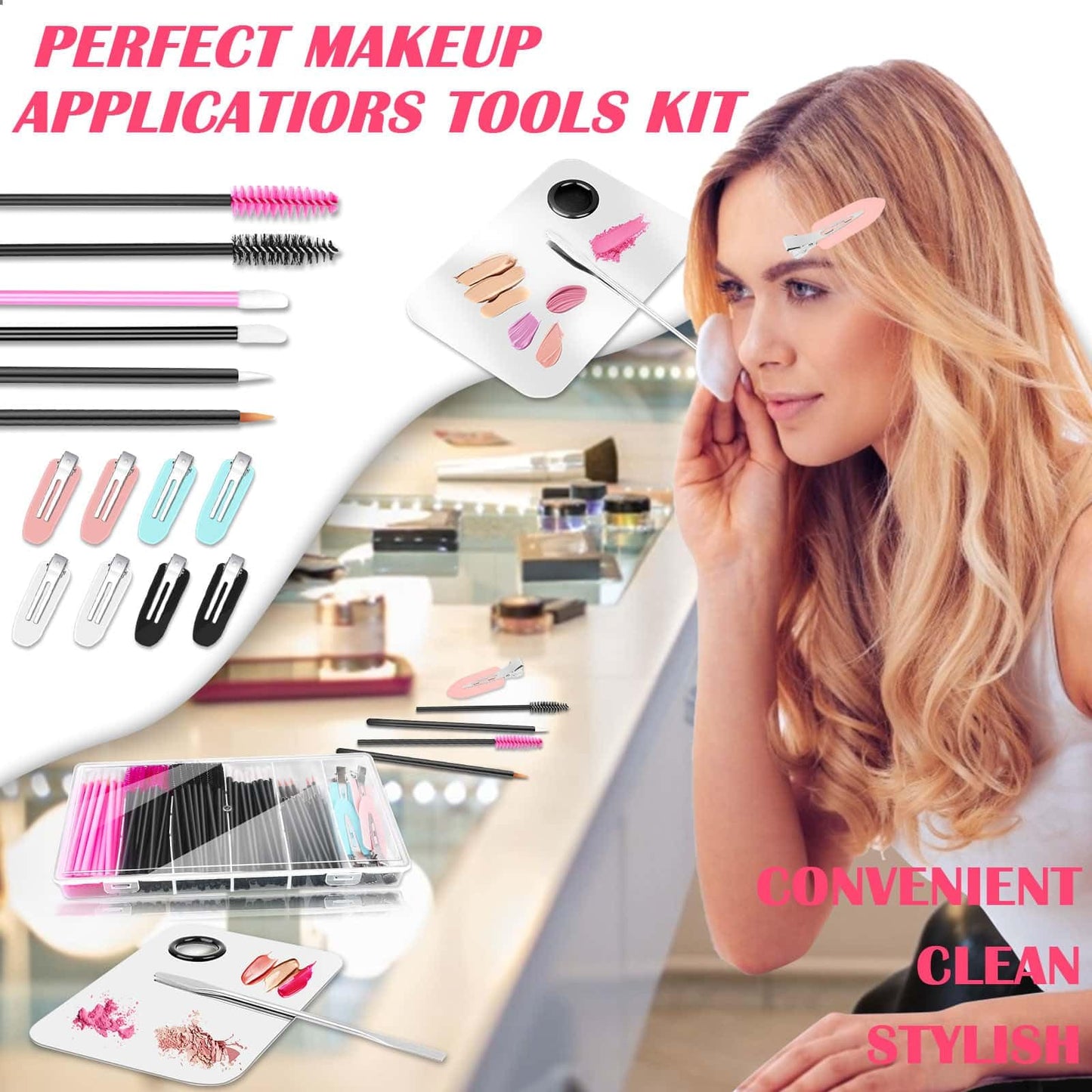 Disposable Makeup Applicators Kit, Shynek Makeup Mixing Tray with Disposable Makeup Accessories Tools for Makeup Artist Mascara Wands, Lip Applicators, Hair Clips with Organizer Box