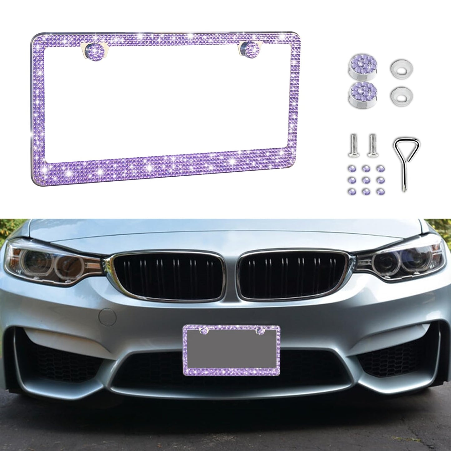 Piburth Bling Car License Plate Frame, Sparkly Rhinestone Stainless Steel License Plate Cover, Universal for Most Cars, SUVs, Vehicles with Screw Set, Auto Accessories for Women (Purple, 1PCS)