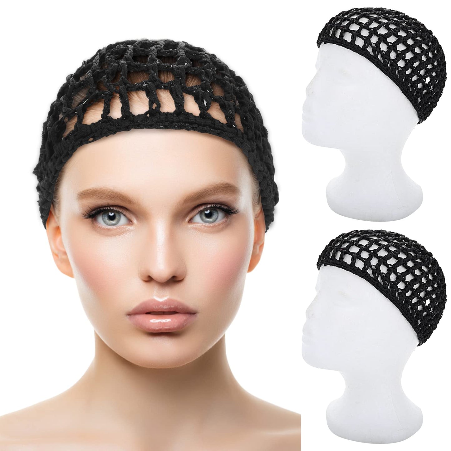 WLLHYF 2 PCS Hair Nets Cap Sleeping Hairnet Snoods Wrap Bonnets Long Straight Curl Wig Head Protector Black Mesh Wrapping Crochet Wave Cook Hats Bun Lift Strap Weaving Sew For Women Ballet