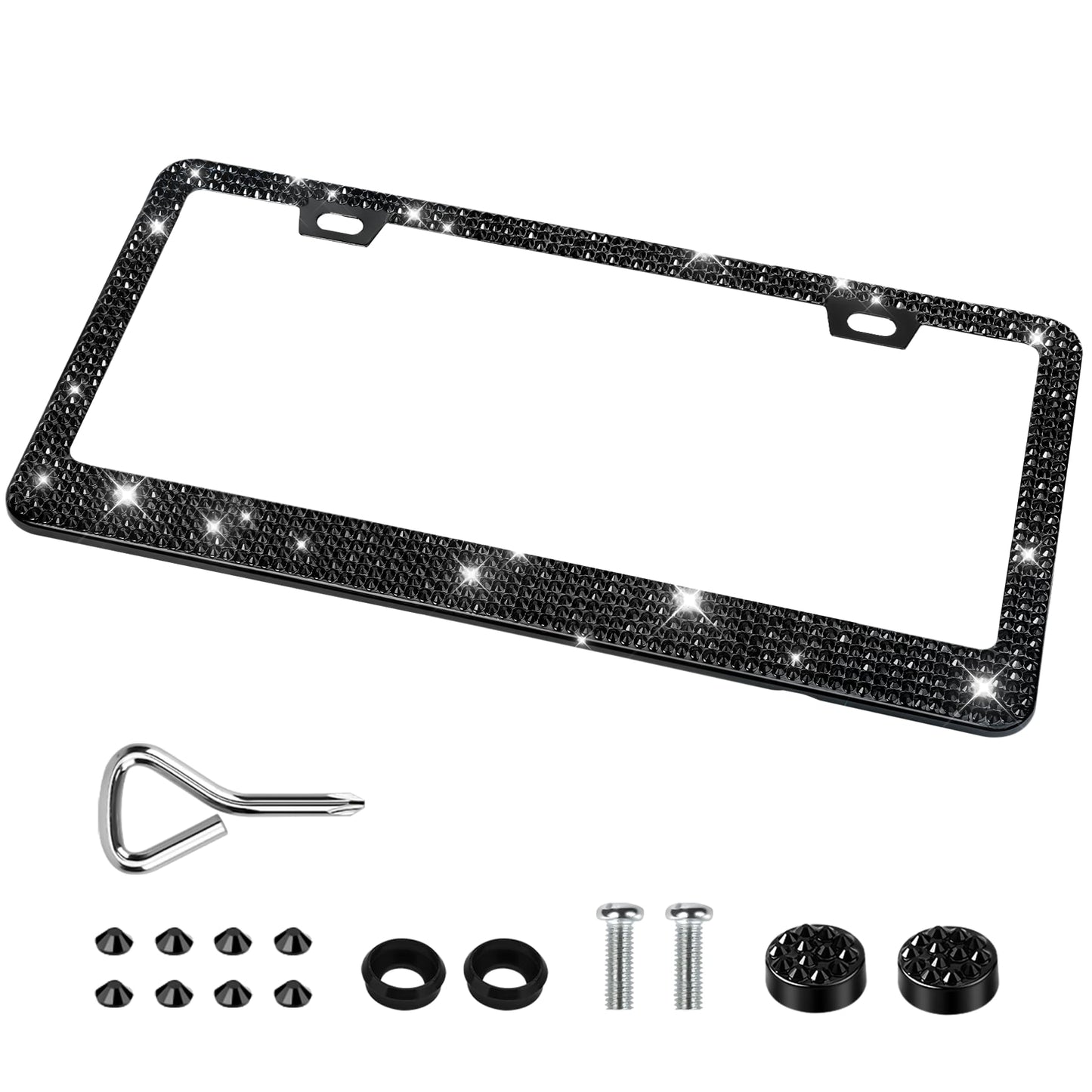 QUANQIUFEI Lot de 1 cadre de plaque d'immatriculation en strass étincelants pour femme, accessoires de voiture en acier inoxydable avec capuchons en cristal pailleté (1 lot noir)