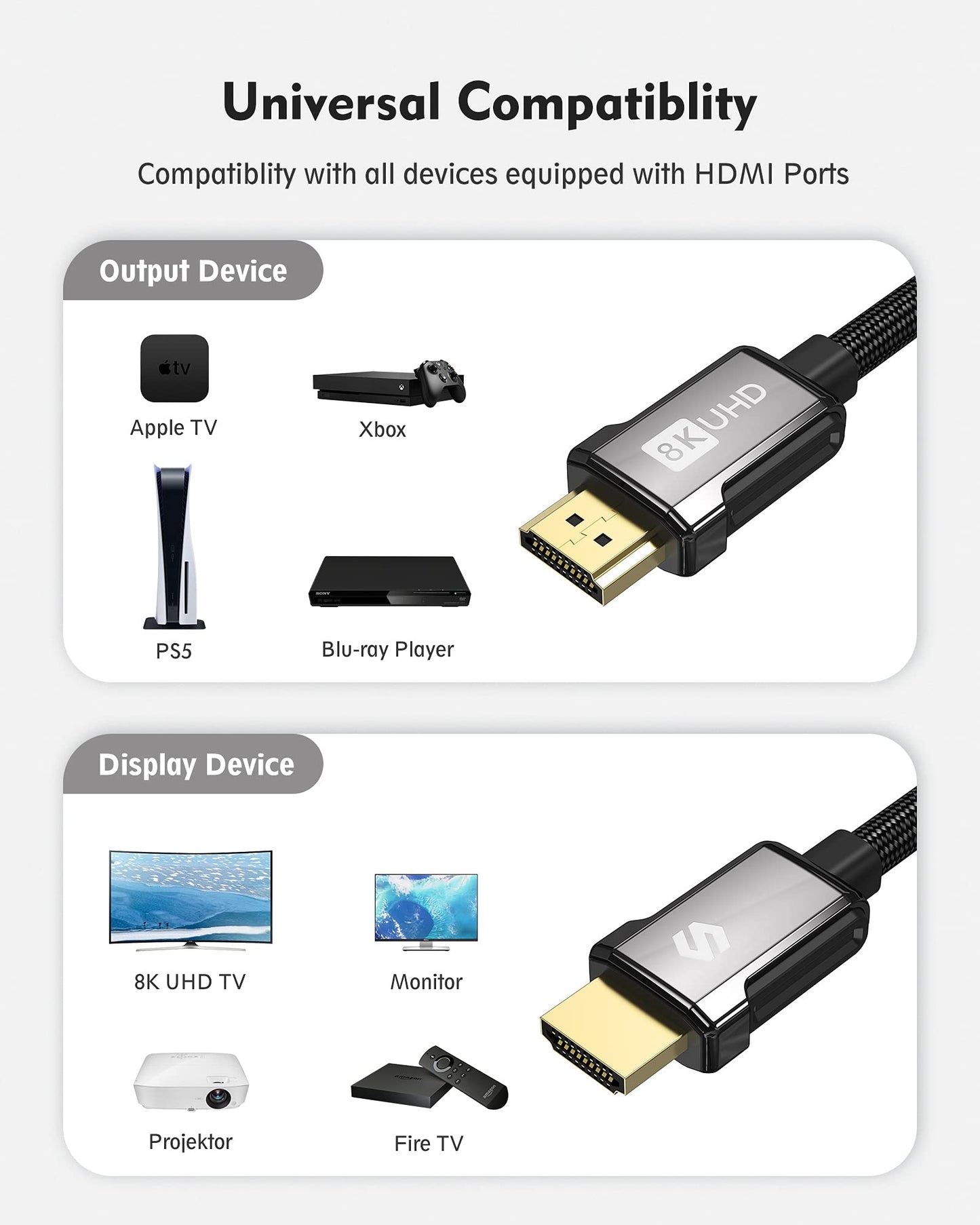 Silkland 8K HDMI ARC/eARC Cable 2.1 for Soundbar 6.6ft, 8K@60Hz, 4K@120Hz High Speed HDMI Cord for Gaming, 48Gbps, Dolby Atoms, HDR10 HDCP Compatible for Vizio Samsung Bose Sound bar, UHD TV, Blu-ray