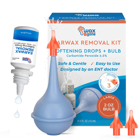 WaxBgone Earwax Removal Kit with Drops, Large 2-oz Ear Bulb Syringe & 3 SoftSpray Tips - Safe & Effective Ear Cleaning Kit - Wax Softening Formula Dissolves Earwax with Gentle Foaming Action - 0.5 Oz