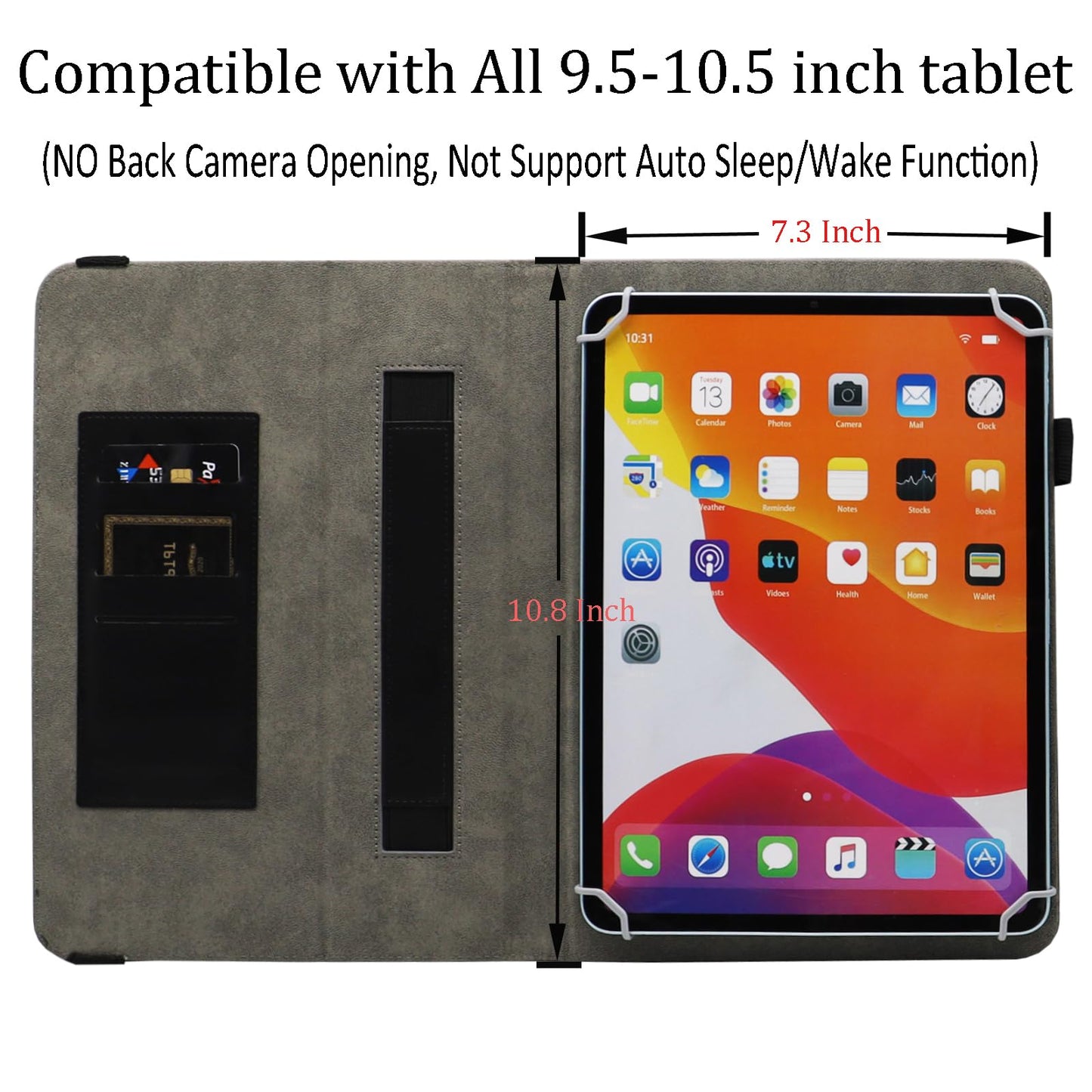 Universal 10 Inch Tablet Case, Universal 10.1 Inch Tablet Case, Viclowlpfe Protective Folio Stand Android Case for 9.6-10.5 Inch Tablet with Hand Strap and Cards Slots, Black