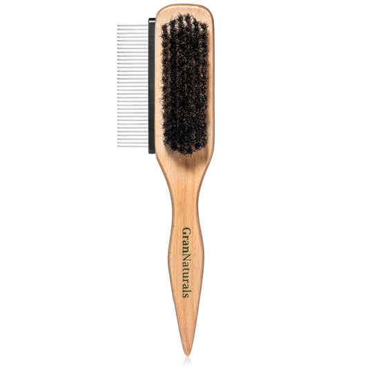 GranNaturals Boar Bristle Slick Back Hair Brush w/Comb for Smoothing Sleek Ponytail Bun - Wide Rat Tail & Metal Comb Hairbrush for Parting, Teasing, Backcombing, Sectioning, Edge Control, Flyaways