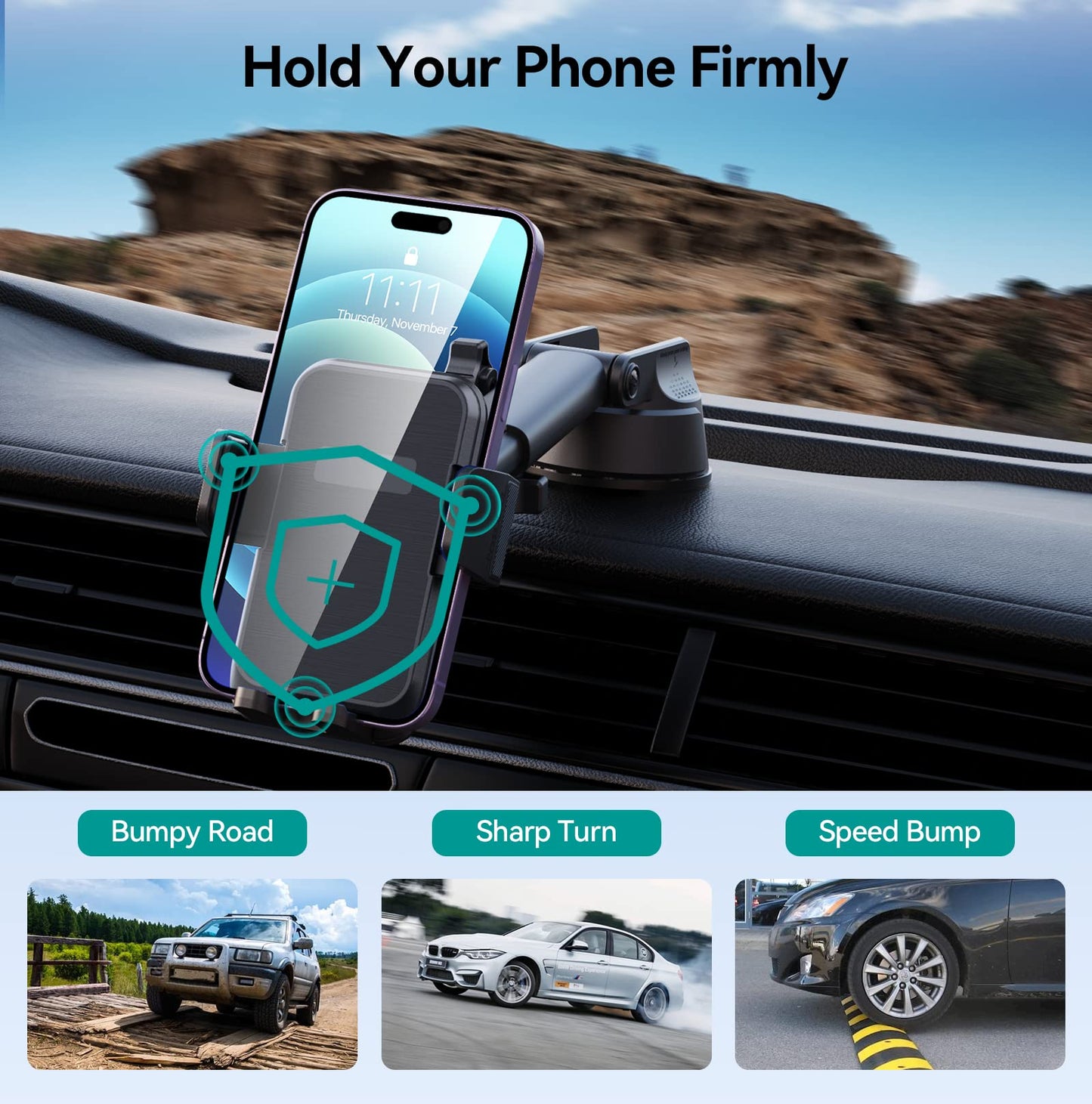 DOLYOFG Car Phone Holder Mount, [Military-Grade Suction & Super Sturdy Base] 3 in 1 Universal Phone Mount for Car Dashboard Windshield Air Vent Hands Free Car Mount for iPhone Android Smartphone