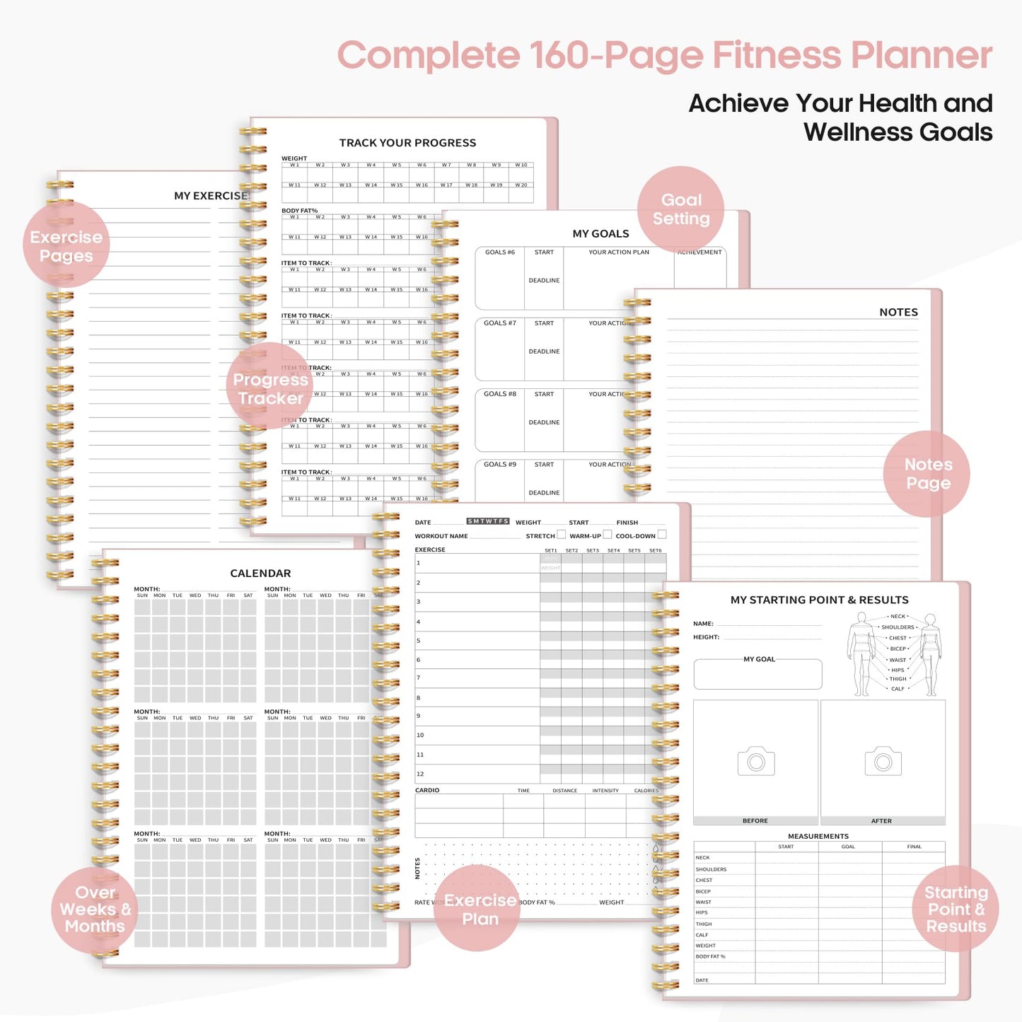 Diario de entrenamiento físico para mujeres y hombres, tamaño A5 (5,5" x 8,2"), planificador de registro de entrenamiento para realizar un seguimiento, un progreso y lograr sus objetivos de bienestar, color rosa