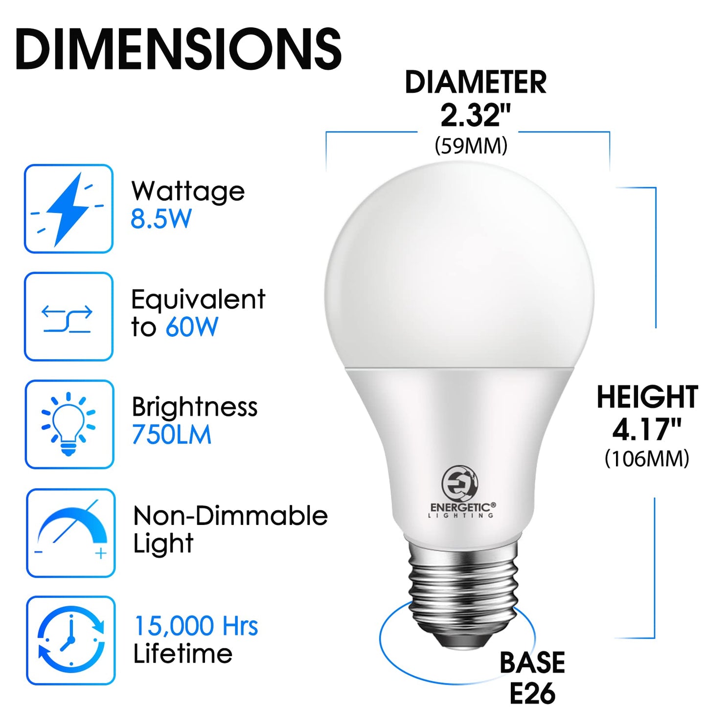 Energetic 24-Pack A19 LED Light Bulb, 60 Watt Equivalent, Daylight 5000K, E26 Medium Base, Non-Dimmable LED Light Bulb, UL Listed