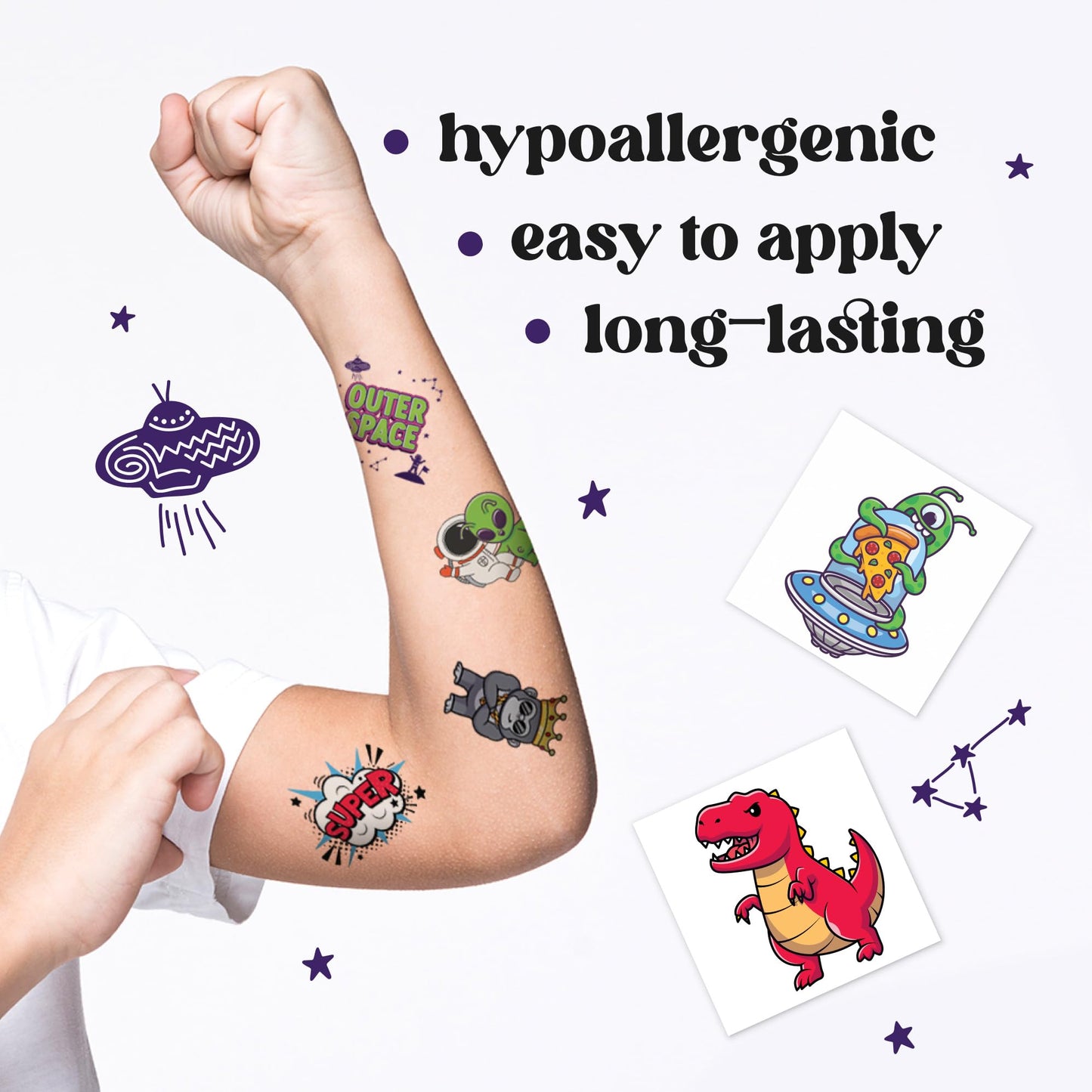 Kids Temporary Tattoos Boys - Made in Europe Hypoallergenic, Pre-Cut, 50 Pcs Original Kid Tattoos, Cosmic Temporary Tattoos for Boys