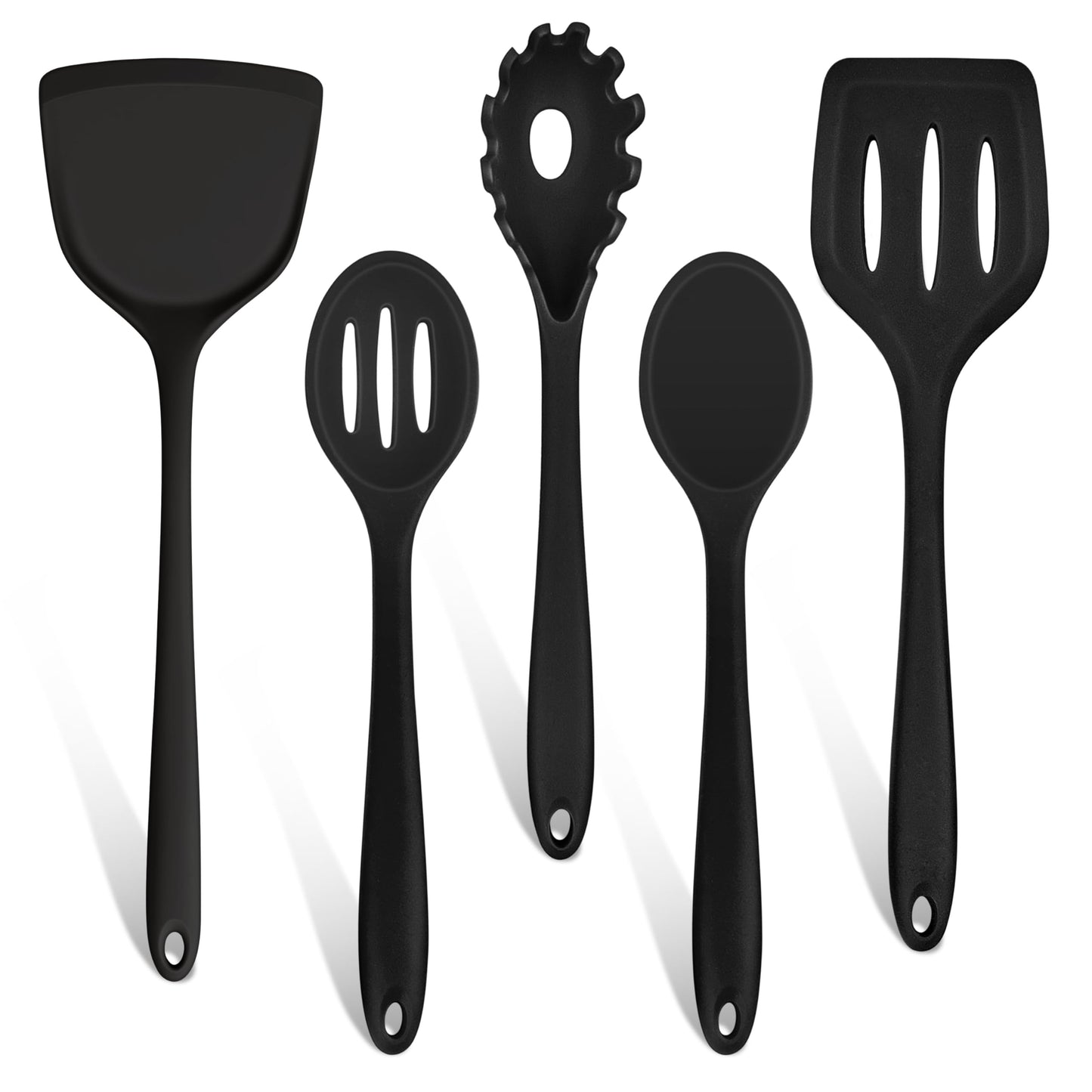 TeamFar Silicone Cooking Utensils Set of 5, Kitchen Utensils Solid & Slotted Spoons Turners Pasta Server for Nonstick Cookware, Healthy & Heat-Resistant, Seamless & Non-Scratch, Dishwasher Safe, Black