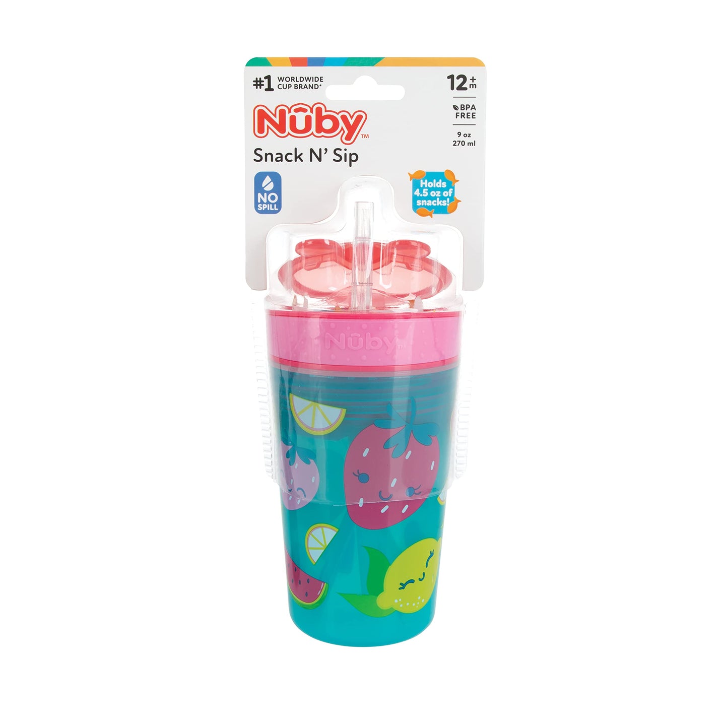 Bol à collation tout-en-un et gobelet à paille souple anti-déversement Nuby - 1 paquet Snack N' Sip multicolore - Contient : récipient à collation de 4,5 oz avec couvercle et gobelet à paille de 9 oz/270 ml (12 mois et plus)