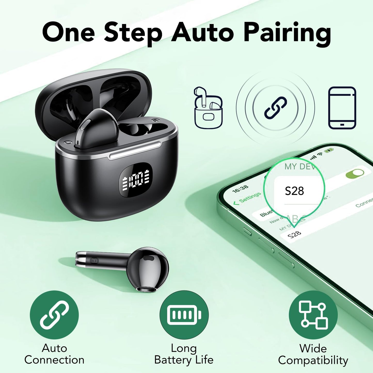 Wireless Earbuds, Bluetooth Headphones 5.3, 50H Playtime LED Display Deep Bass Ear Buds with 4 ENC Noise Cancelling Mic, IP7 Waterproof in-Ear Earphones for Phone Tablet Laptop Sports