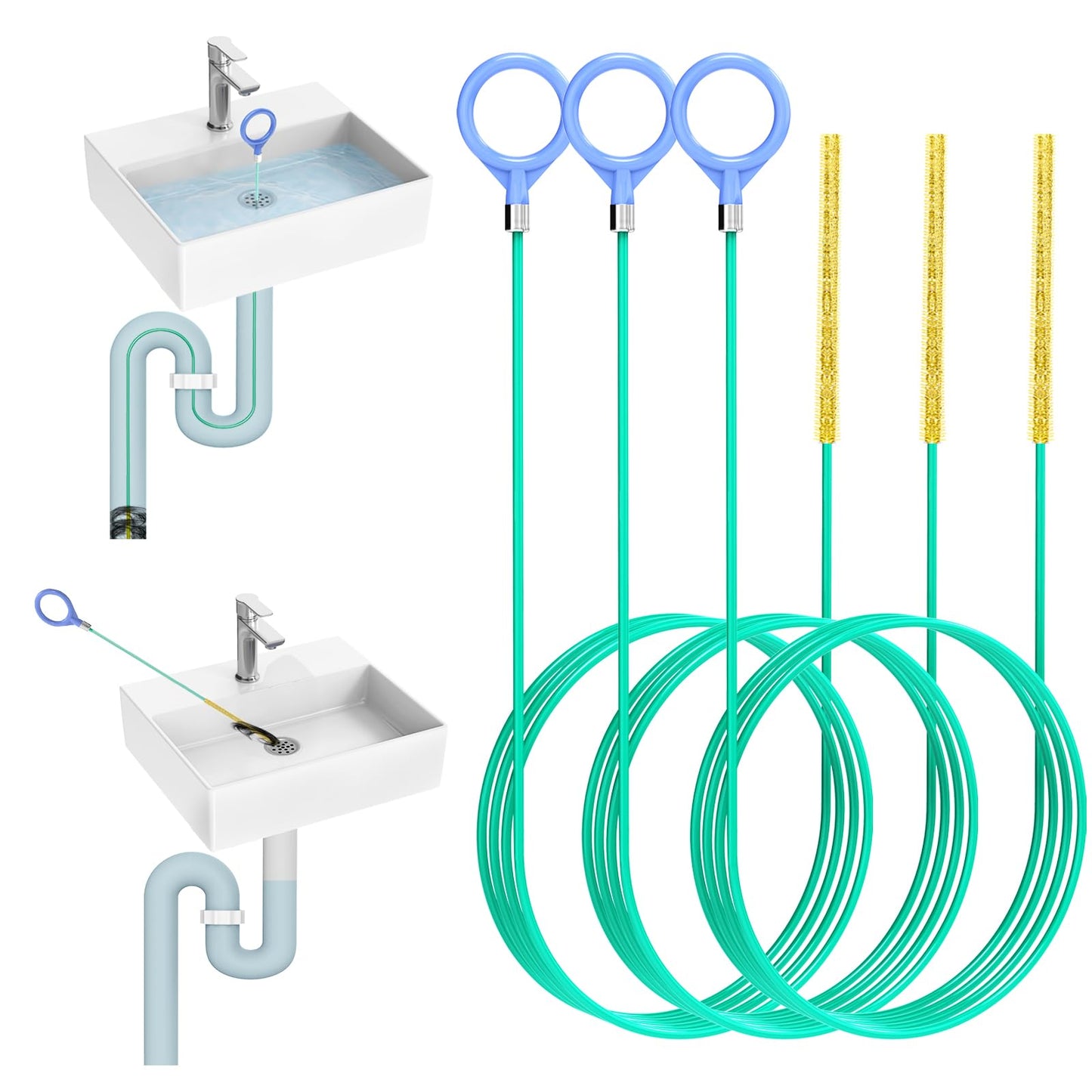 OTORAT - Desatascador de pelos para desagüe de fregadero de 50 pulgadas, herramienta de metal irrompible con revestimiento de nailon, limpiador de desagües, recogedor de pelos para ducha, desagüe de tuberías, lavabo de baño (paquete de 3)