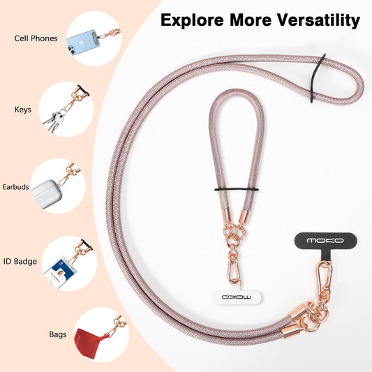 MoKo Crossbody Phone Lanyard, Adjustable Cell Phone Lanyard, Premium 8mm Thick Rope Mobile Phone Lanyard for iPhone, Samsung,and More | Phone Neck Strap×1, Wrist Strapx1, Lanyard Patch×2 Rose Gold