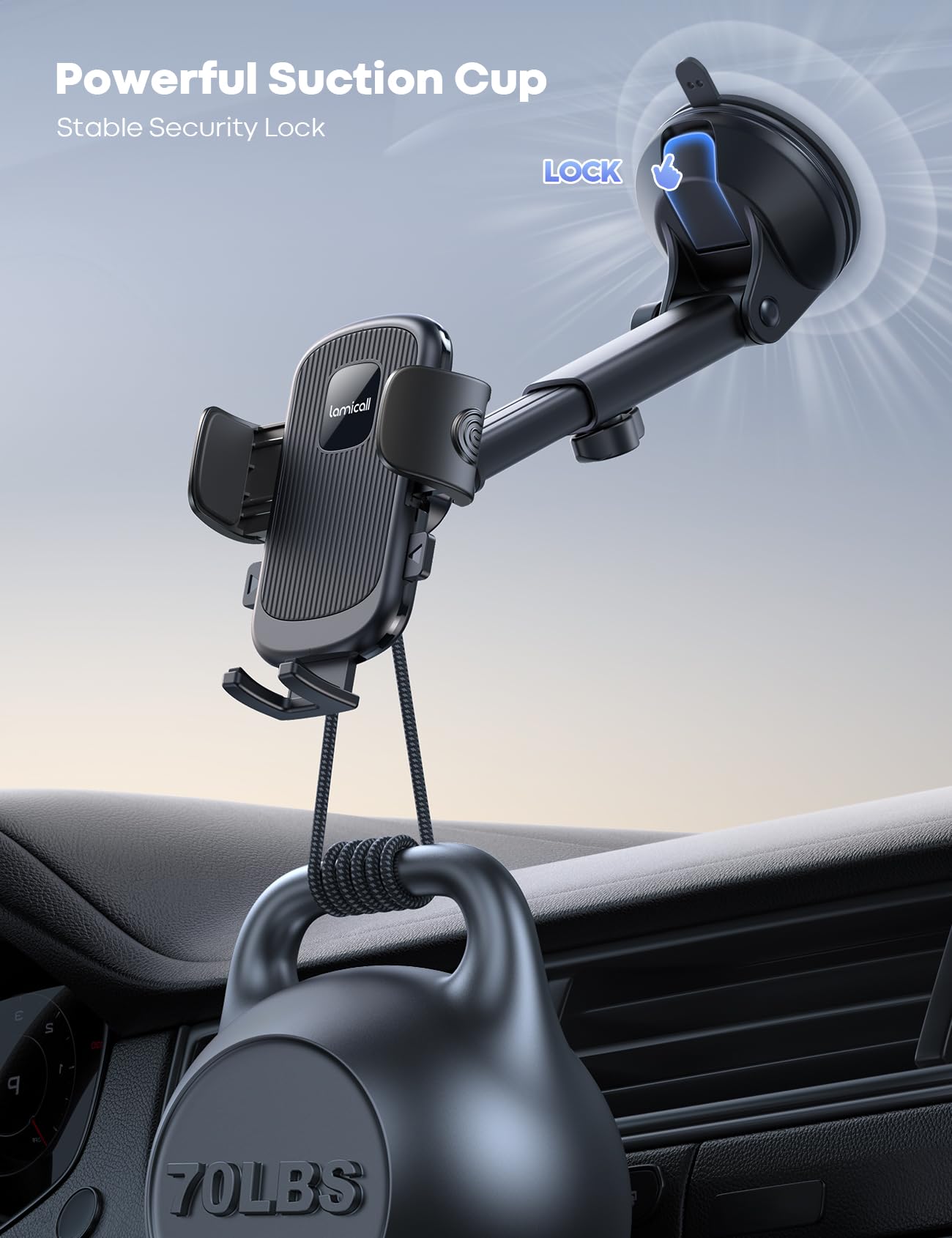 Lamicall Car Phone Holder - [Strongest Military-Grade Suction Cup] 360° Rotation Phone Holders for Your Car Quick Release Adjustable Car Phone Mount Dashboard for iPhone 16 Galaxy Smartphone Truck