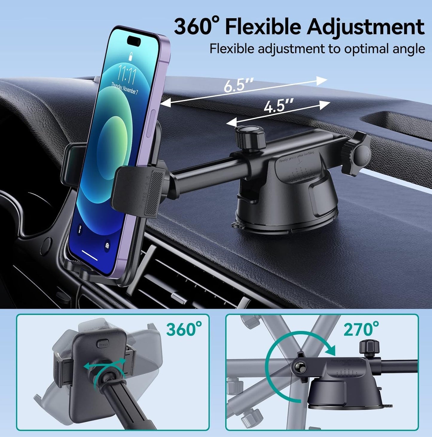 DOLYOFG Car Phone Holder Mount, [Military-Grade Suction & Super Sturdy Base] 3 in 1 Universal Phone Mount for Car Dashboard Windshield Air Vent Hands Free Car Mount for iPhone Android Smartphone