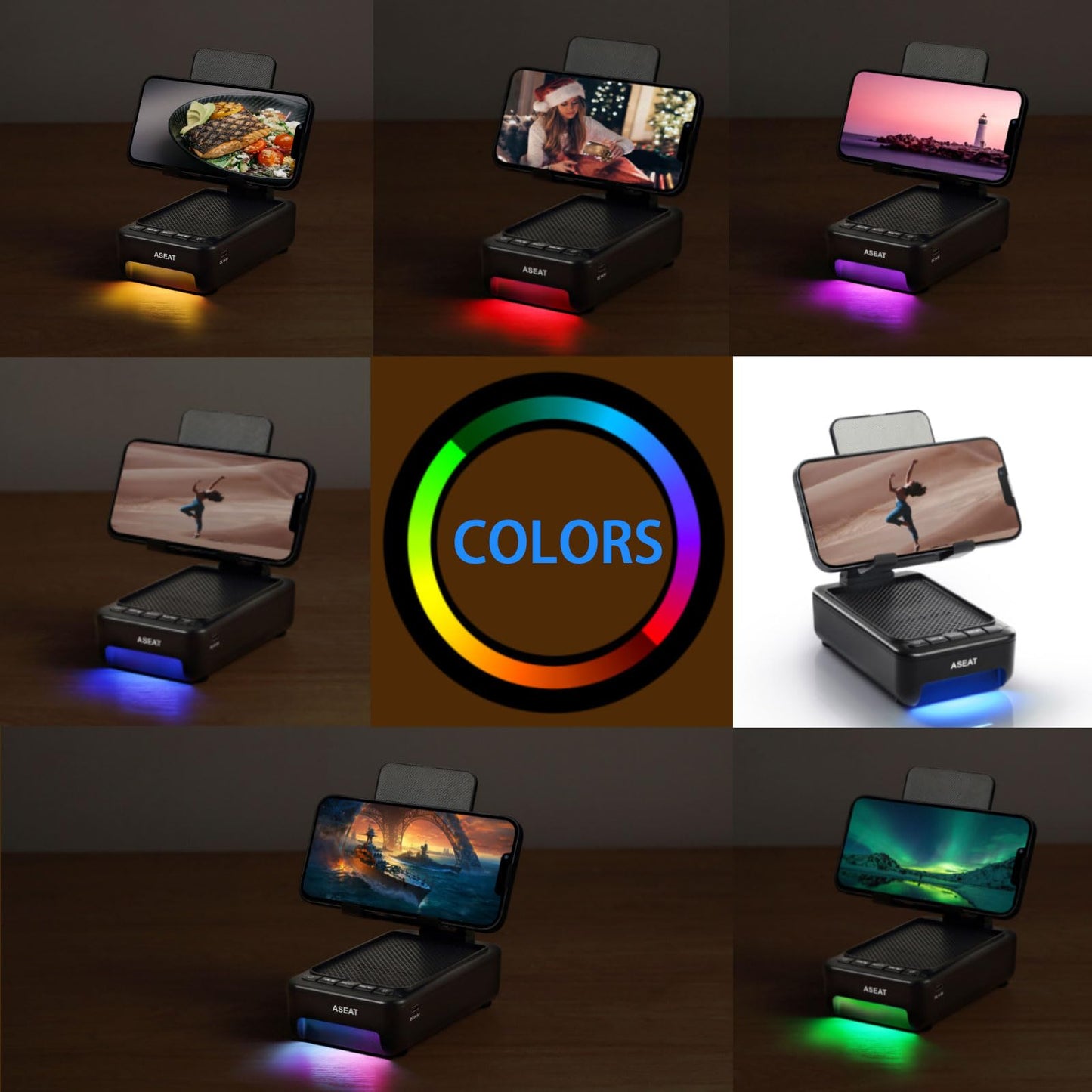 ASEAT Gifts for Men Him, Cell Phone Stand with Bluetooth Speaker&Led Color Changing Light, Unique Gifts for Women Dad Her Husband, Birthday Gifts for Men