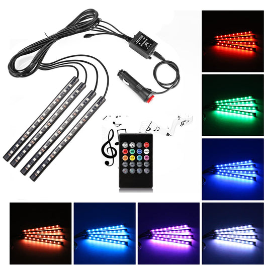 Tira de luces LED para coche, Uniwit, 4 piezas, 12 V CC, 72 LED, multicolor, luz musical para interior de coche, kit de iluminación LED debajo del salpicadero con función de activación por sonido y control remoto inalámbrico, incluye cargador para coche