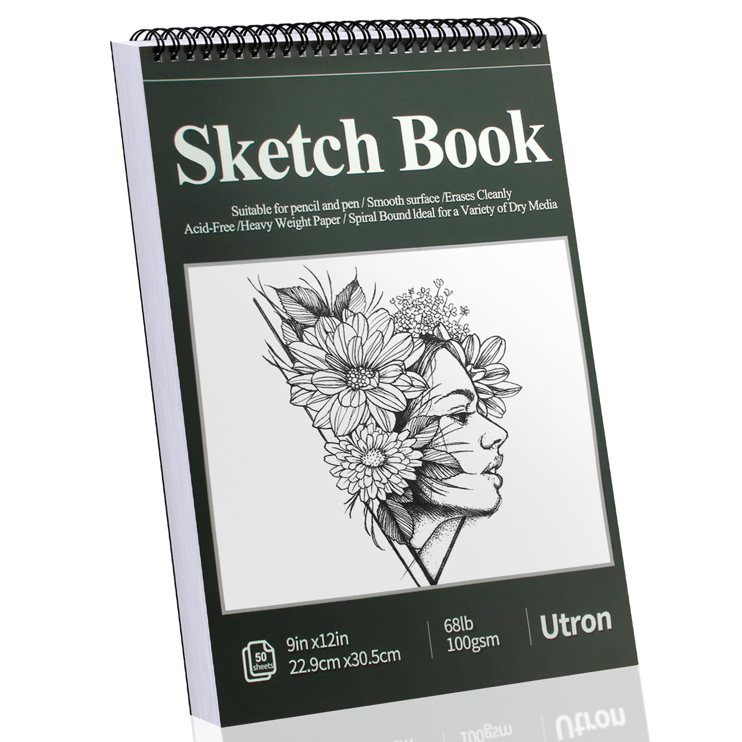 Utron 9"x12" Sketchbook Drawing, Top Spiral Sketching Pad, 100GSM/68LB Acid Free Art Sketching Pad, Drawing Paper, Beginner Artist (50 Sheets, White)